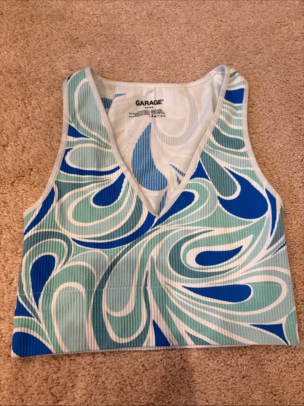 Garage Blue & Mint Swirl V-Neck Ribbed Crop Tank